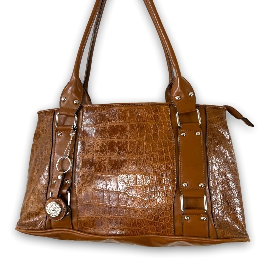 BUENO Brown Vegan Leather Croc Embossed Bag With Silver Accent